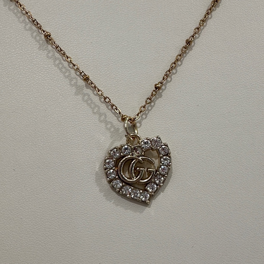 Gucci Gold Heart Necklace with Clear Crystals